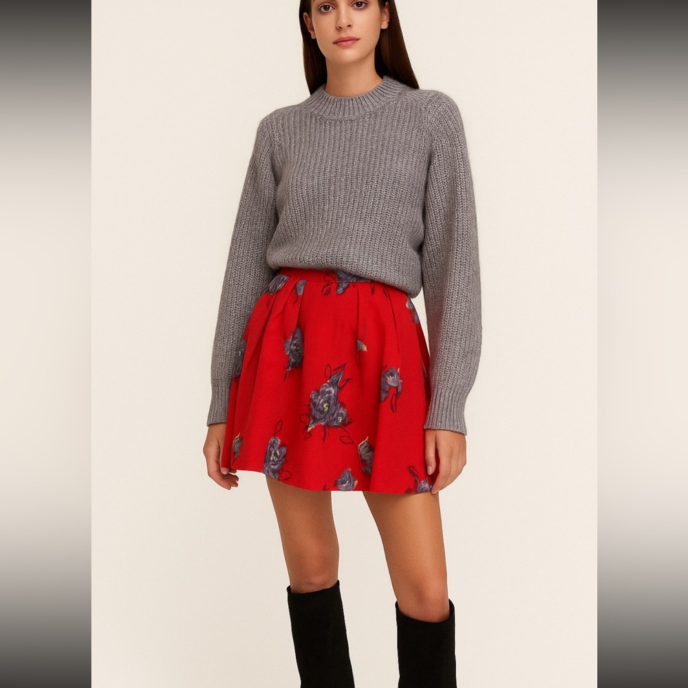 Anthropologie Odille red wool gray rose mini skirt